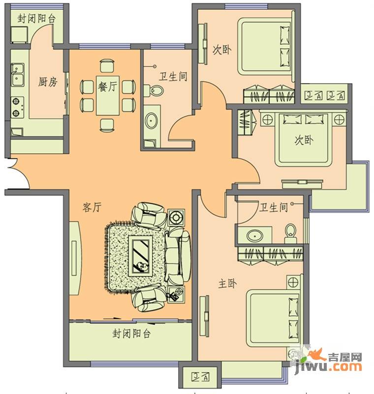 水岸小镇3室2厅2卫134.8㎡户型图