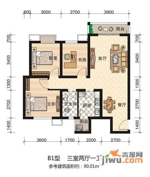 西科苑3室2厅1卫90㎡户型图