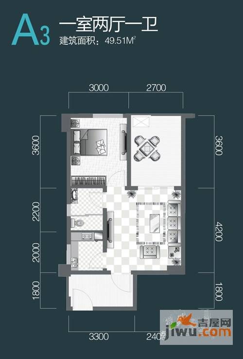 花园崇尚国际1室2厅1卫49.5㎡户型图