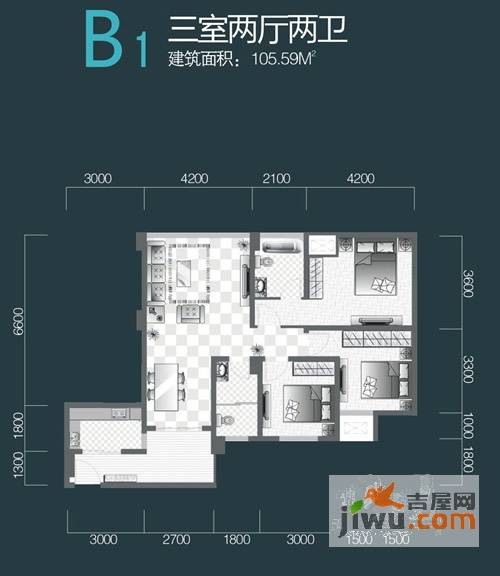 花园崇尚国际3室2厅2卫105.6㎡户型图