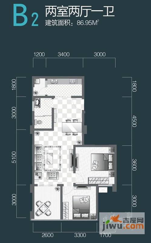 花园崇尚国际2室2厅2卫87㎡户型图