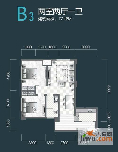 花园崇尚国际2室2厅1卫77.2㎡户型图