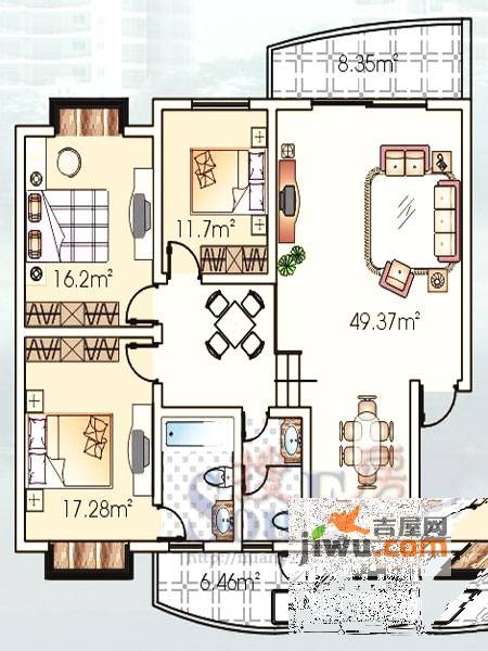 三汇绿岛3室3厅2卫132.5㎡户型图