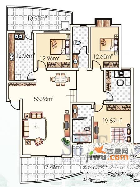 三汇绿岛3室2厅2卫164.1㎡户型图