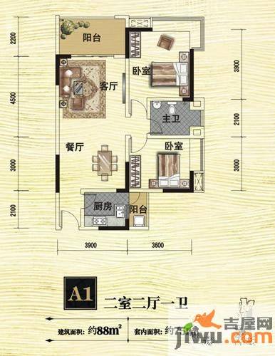 香榭里大道2室2厅1卫88㎡户型图