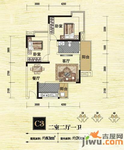 香榭里大道2室2厅1卫83㎡户型图