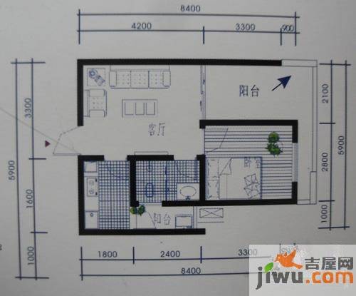 梓州国际公寓1室1厅1卫48.7㎡户型图