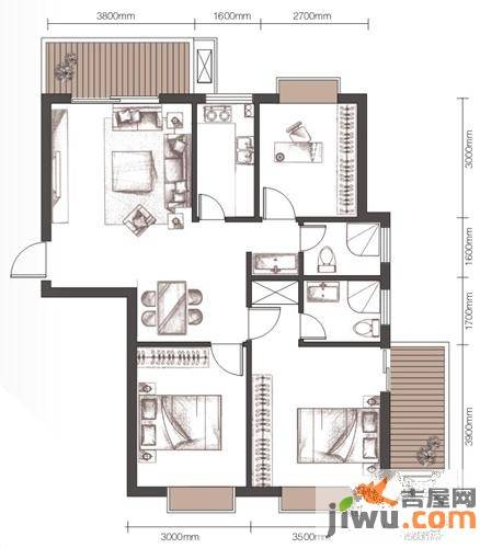 万豪尊品3室2厅2卫90.7㎡户型图