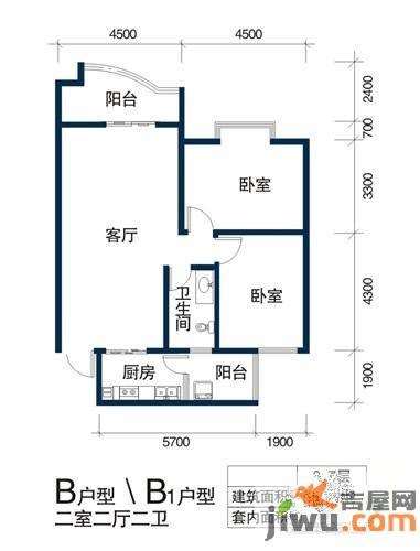 天浩富乐银座2室2厅2卫95.7㎡户型图