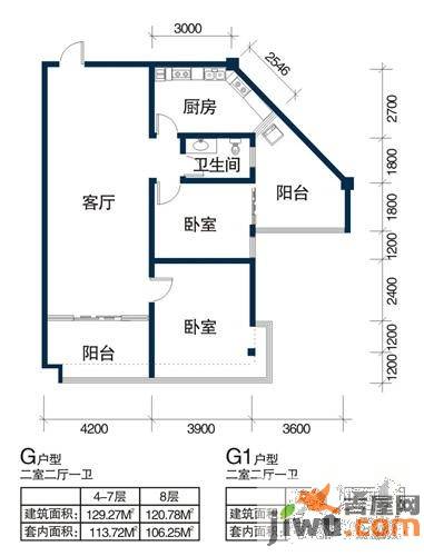 天浩富乐银座2室2厅1卫129.3㎡户型图