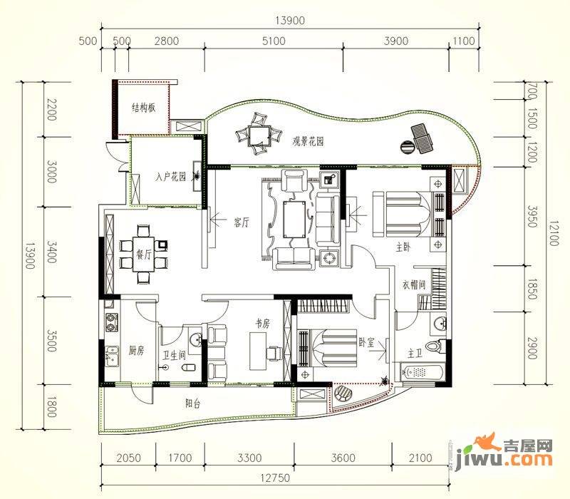 三汇绿岛3室2厅2卫139㎡户型图