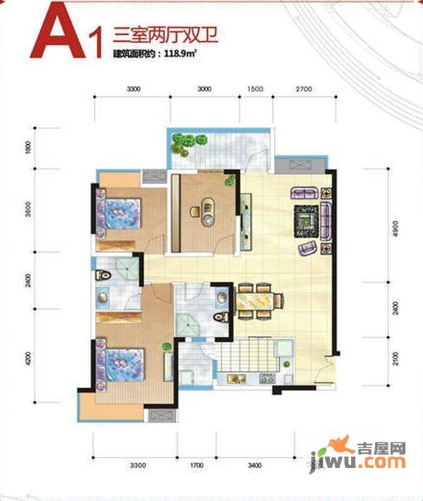 涪城万达广场3室2厅2卫118.9㎡户型图