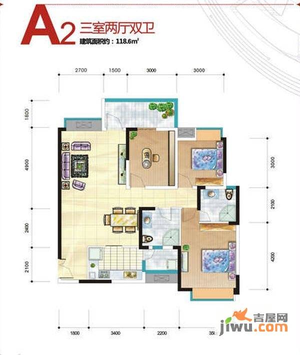 涪城万达广场3室2厅2卫118.6㎡户型图