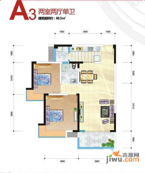 涪城万达广场3室2厅1卫88.5㎡户型图