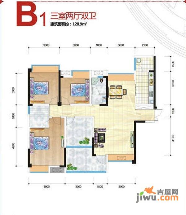 涪城万达广场3室2厅2卫128.9㎡户型图