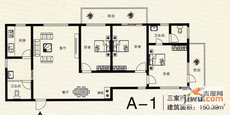 银鑫锦绣港湾3室2厅2卫150.4㎡户型图