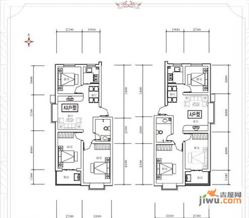 关城御景苑3室2厅1卫74㎡户型图