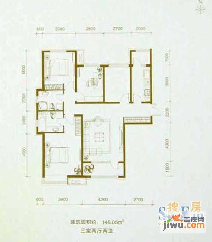 珠江道12号3室2厅2卫146.1㎡户型图