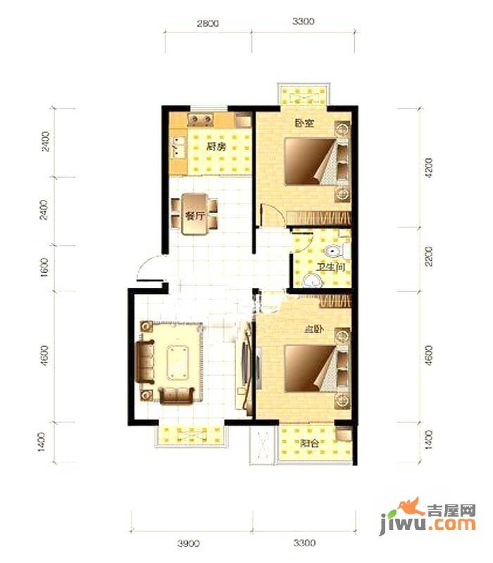 达润时代逸城2室2厅1卫104.5㎡户型图