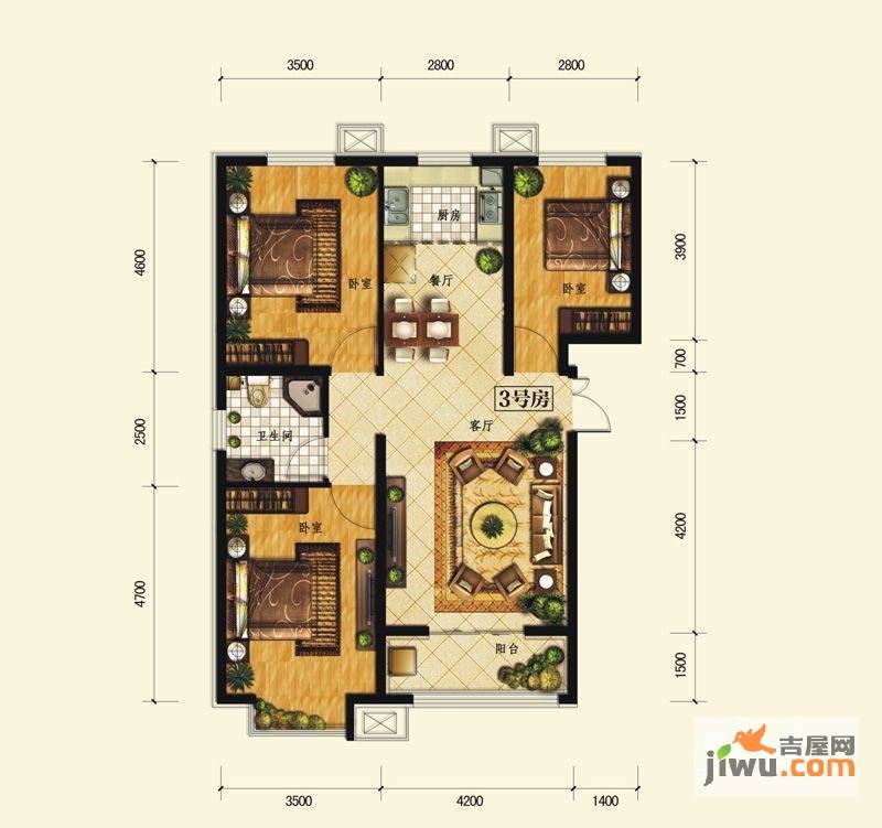 金舍雍景院3室2厅1卫129.4㎡户型图