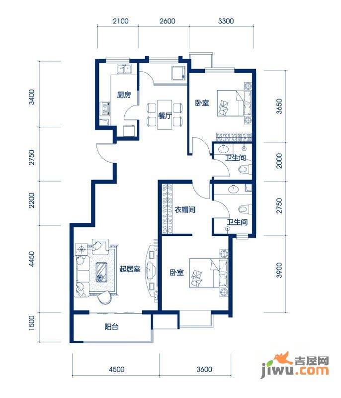 海岸国际2室2厅2卫123.6㎡户型图