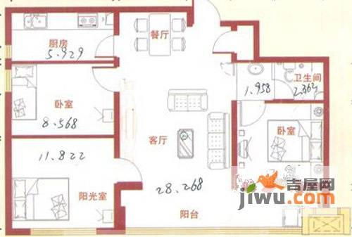 北海嘉园3室2厅1卫98.3㎡户型图