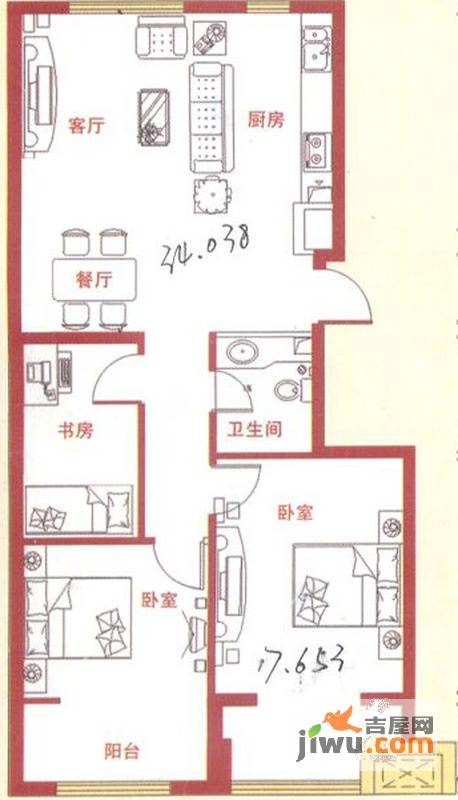 北海嘉园3室2厅1卫109.3㎡户型图