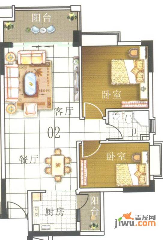 奥米茄花园2室2厅1卫82㎡户型图