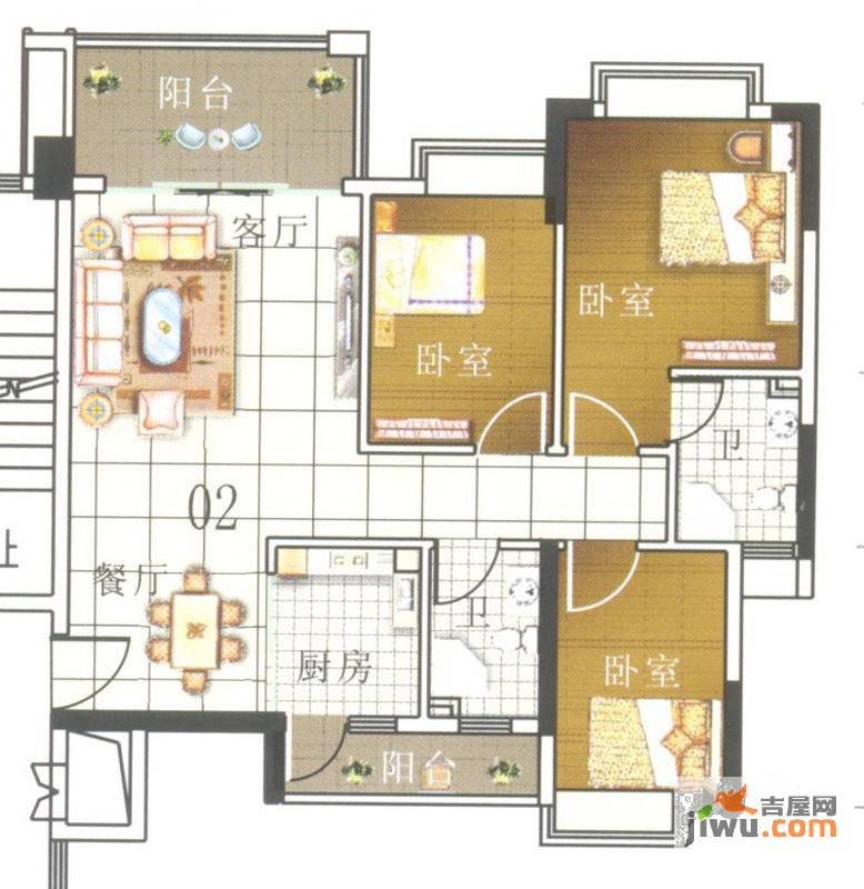 奥米茄花园3室2厅2卫90㎡户型图