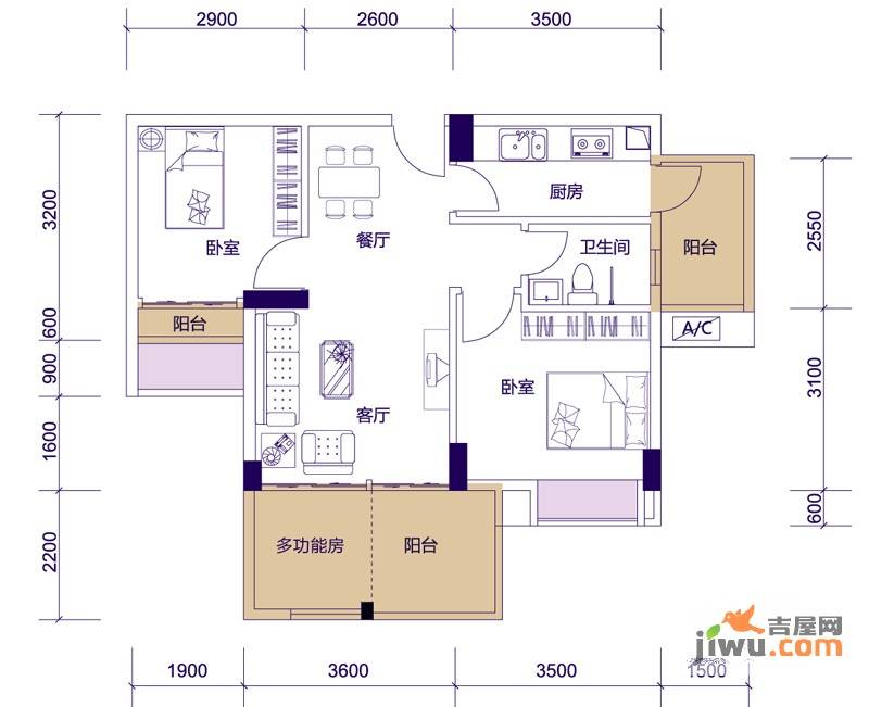 喜居2室2厅1卫68㎡户型图