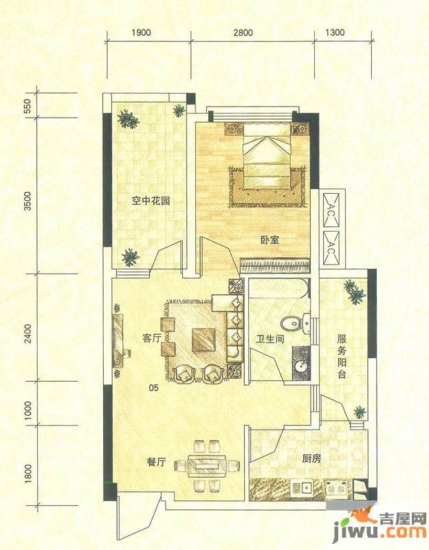 保利百合花园1室2厅1卫49㎡户型图