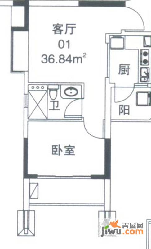 美的简岸花园1室1厅1卫36.8㎡户型图