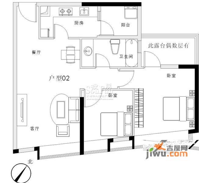 领地海纳天河花园普通住宅74.9㎡户型图