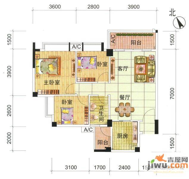 西堤国际花园3室2厅2卫84.5㎡户型图