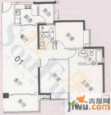 中海金沙湾3室2厅2卫128.7㎡户型图