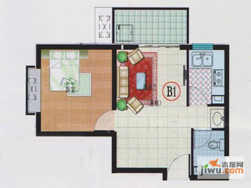 青城逸园1室2厅1卫56.7㎡户型图