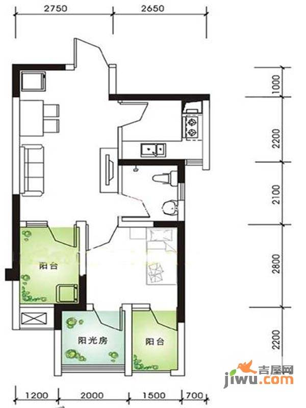 兰庭华府1室2厅1卫88㎡户型图