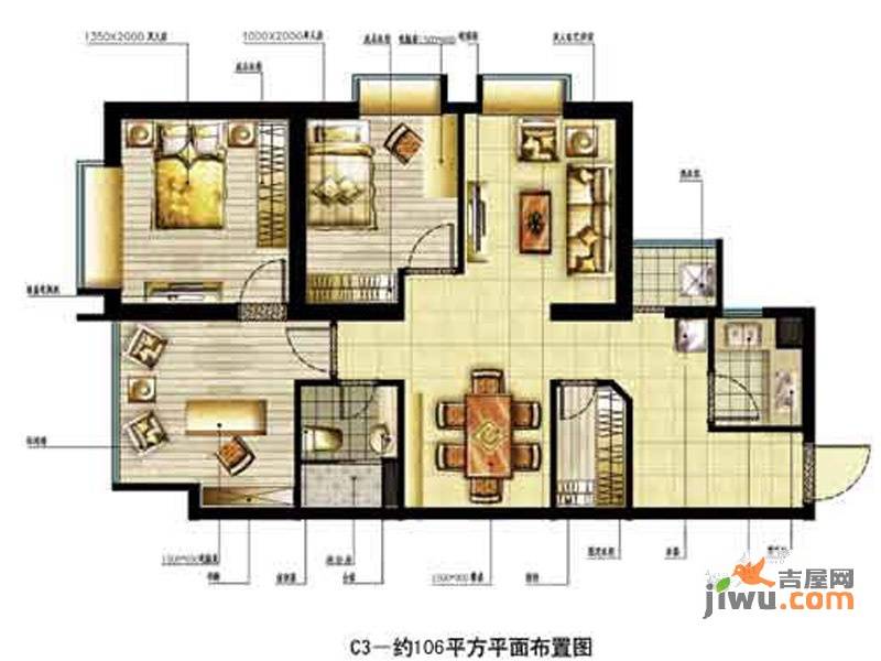 中恒书香门邸3室2厅1卫106㎡户型图