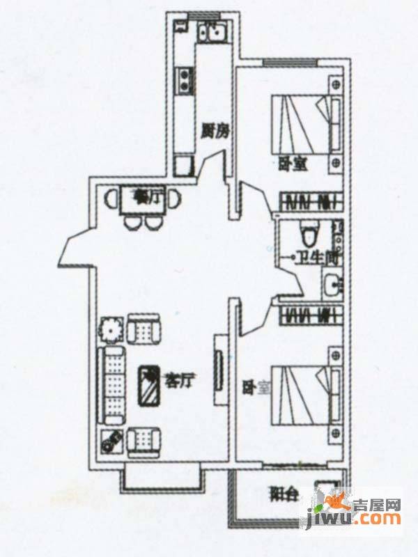 立方空间2室2厅1卫90㎡户型图