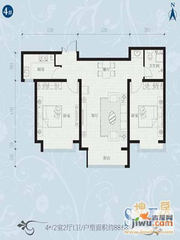 荣盛锦绣花苑2室2厅1卫88.6㎡户型图