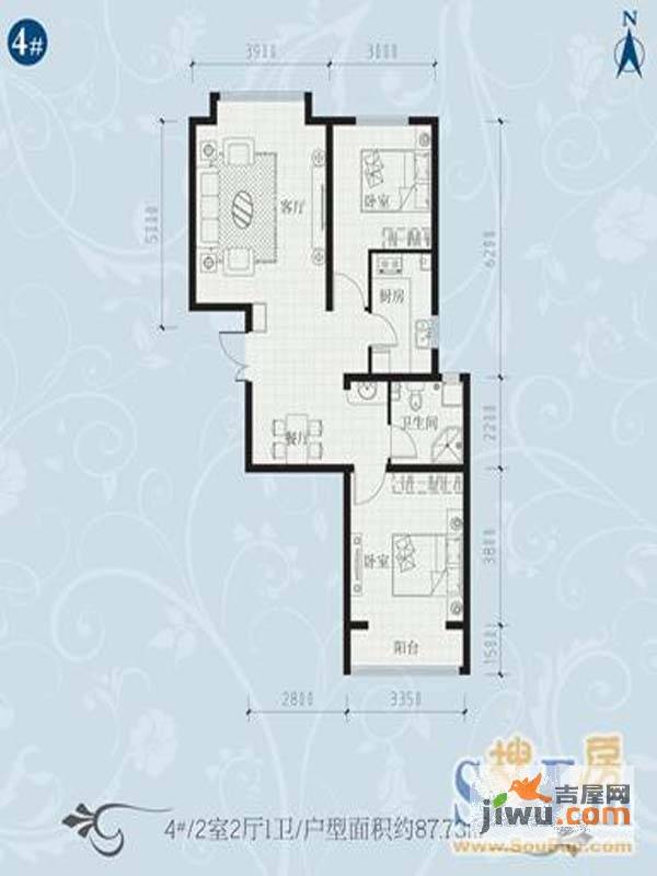 荣盛锦绣花苑2室2厅1卫88.6㎡户型图