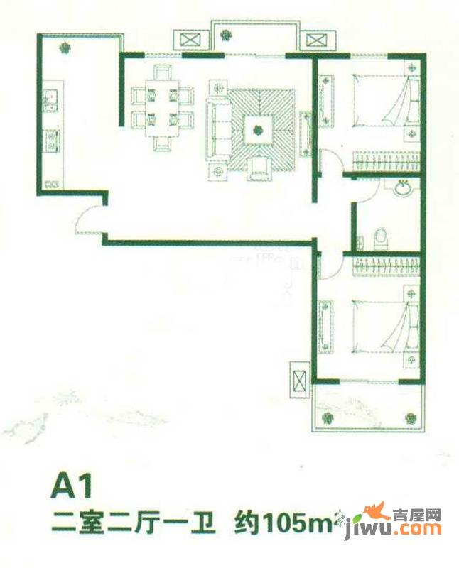 天泽园2室2厅1卫105㎡户型图