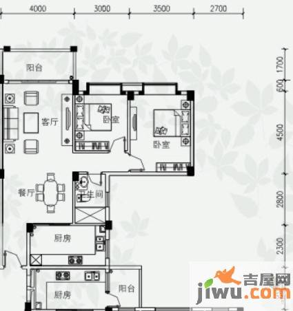 华茵绿洲2室2厅2卫88.4㎡户型图