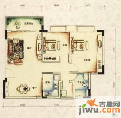 高尔夫1号2室2厅1卫140㎡户型图