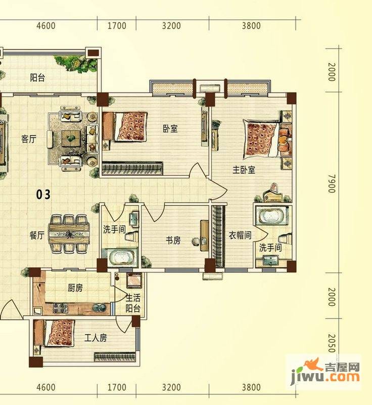 新会玉圭园3室2厅2卫143.1㎡户型图