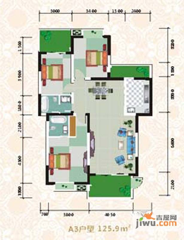 东方丽都3室2厅2卫125.9㎡户型图