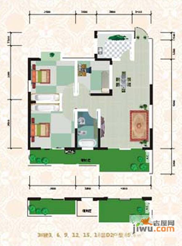 东方丽都2室2厅1卫89.6㎡户型图