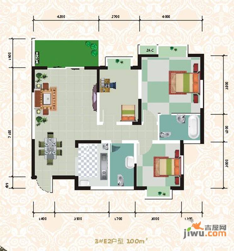 东方丽都3室2厅2卫100㎡户型图