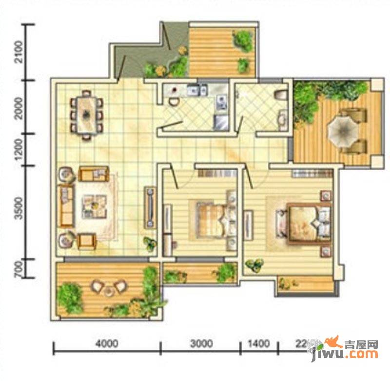 华泰棕榈湾2室2厅1卫87.1㎡户型图