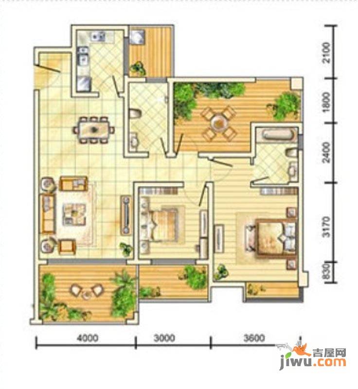 华泰棕榈湾2室2厅2卫89.6㎡户型图